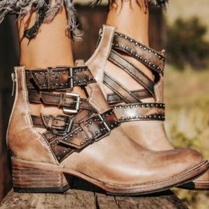 FREEBIRD by Steven taupe Belgium studded strappy leather boots/booties. 9.